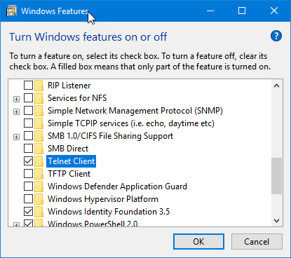 Enabling the Windows Telnet Application